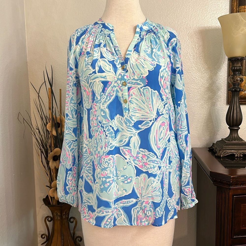 Lilly Pulitzer Elsa Silk Blouse Multicolor Blue And Pink Print Size‎ XS